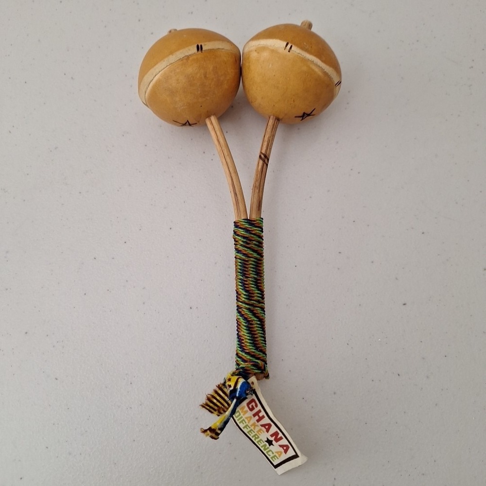 Vintage Handcrafted Ghana Maracas W/ Thread Wrapped Handle Authentic 8" x 5"